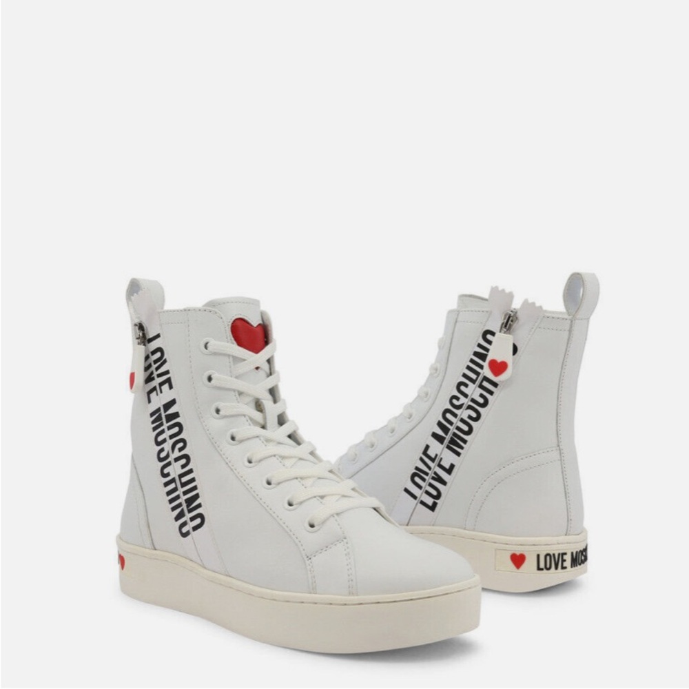 LOVE MOSCHINO ZIPPER WOMEN SNEAKERS CALFSKIN WHITE STYLE size 8